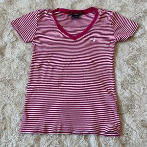 Ralph Lauren Women's V-neck Stripe Pony T-Shirt Color Pink/White Size XS